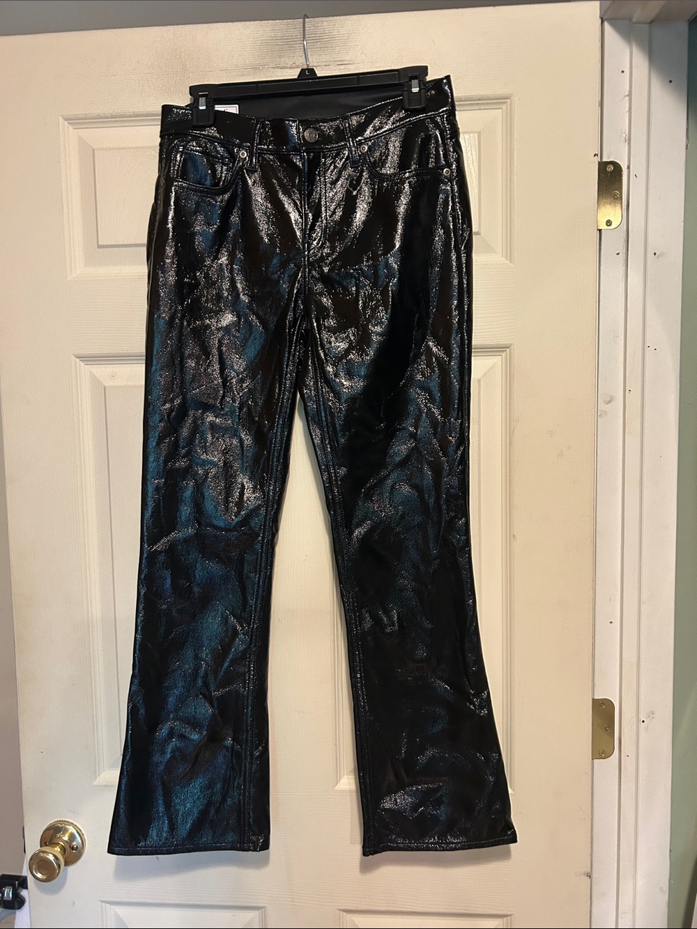 GAP Black Faux Leather Baby Boot Mid Rise Shiny Flare Jeans Size 27 / 4 Petite
